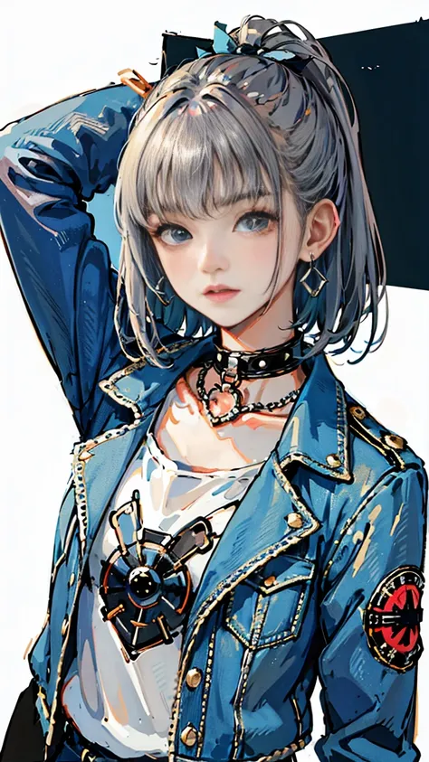 (masterpiece:1.2, highest quality), (1 female, alone, Upper body:1.2), hair: Circular cut, clothing: extra large, Distressed denim jacket with patches and pins, Paired with black skinny jeans and combat boots, accessories: silver hoop earrings and black ch...