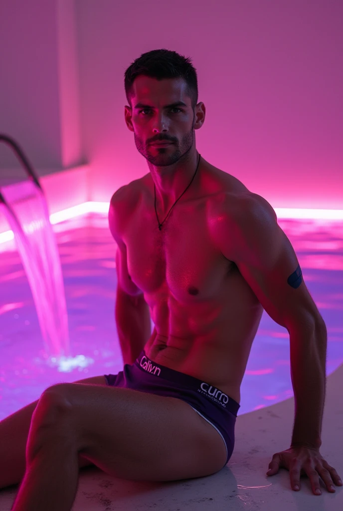 sexy man, short hair, handsome face similar to Henry Cavil face, dark purple, ultra tight Calvin Klein brand swimming briefs with white strap, topless, sitting on the floor next to the big swimming pool with water pink water inside, neon lights inside the ...