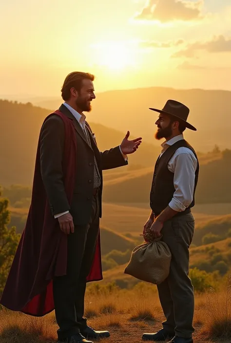 "The farmer meeting a wealthy landowner who is elegantly dressed and standing beside a larger piece of land. The landowner gestures toward the vast fields while the farmer looks eager, holding a sack of coins. The background shows rolling farmland and a wa...