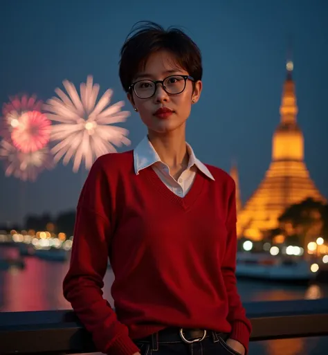   Realistic, Asian woman, 50 years pixie cut hairstyle dark brown, strong and look good , soft tone   ,  Ultra-high-definition facial details   ,    Closed lips, wearing eyeglasses,, shirt and red Christmas sweater, dark cargo pants,   fully seen. ,  Looki...