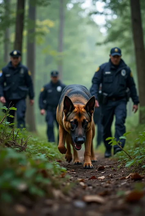 Police dog sniffed in the woods with several policemen