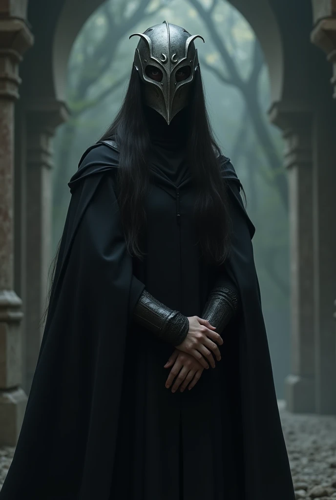 A tall dark-haired elf , smooth and long, wearing a black robe and an iron helmet that covers her entire face, Except the mouth ,  fair skin 