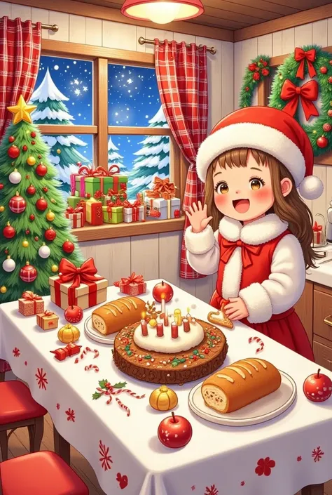 Christmas illustration  ，Plaid curtains  ， Bread hanging on the kitchen table   、cake、candle、Glass、Christmas tree、Gingerbread Man、  apples、tableware、 ， Hanging socks and Christmas wreaths on the wall。girl&#39;return。  lined with bread  "Jenny"