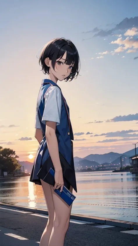 Chihiro, line drawing, 14-year-old Japanese female junior high school student, alone, sunset sky, (((asymmetrical short hair))), black hair, blue jacket, white shirt, short sleeves and hem, black sneakers, humming, Look back,