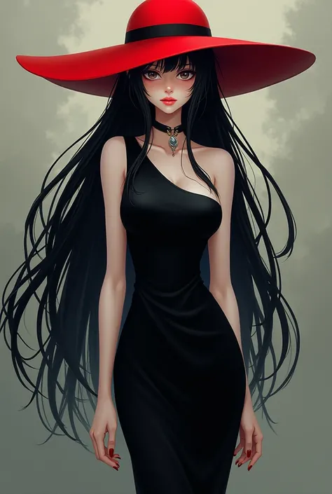 anime,  tall white-skinned girl in black dress, black hair and red hat 