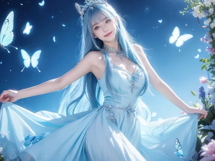 magical, lightblue hairs, teenager,blue eyes, anime, female, longhairs, tidy, fantacy,blue tone, glowing blue butterfly, beautiful, blur behide, deity, goddess, feel lonely, fantacy land, deity land, god land, angle, dream, more butterflys,crystal flowers,...