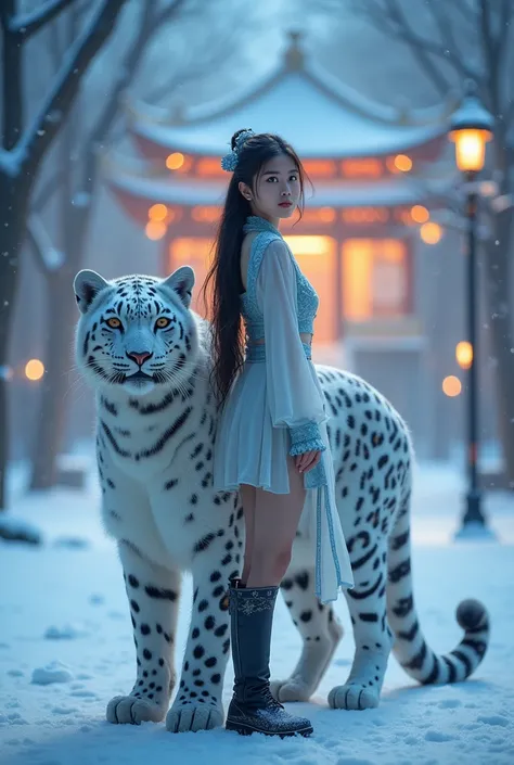 Beautiful young oriental long-haired woman stands, tall white leopard stands behind the girl, wearing short skirt, Chinese costume and high boots, face facing the viewer, panoramic view, covered with snow, night, bright ancient temple, movie lights, ultra ...