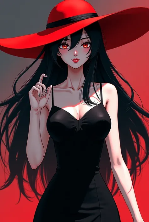 anime,  tall white-skinned girl in black dress, black hair and red hat 