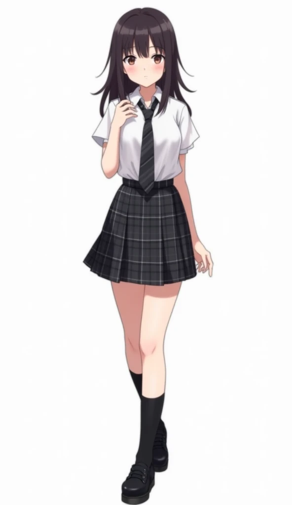  Teenage women anime shirt : white in color,  short sleeve and simple cut .  It is fresh and fits a formal and neat style .
skirt:  Of plaid with a pattern that combines shades of dark gray and black ,  accented with white lines . It has a pleated style , ...