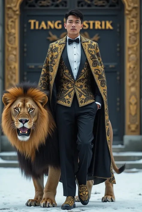 Hyper realistic image of Indonesias 20-year-old male emperor, tall and firm body, full body shot ,  mans face is very clear ,  face facing the camera,  scene featuring a large lion roaring angrily,  Lion must walk with man ,  wearing a black and white tuxe...