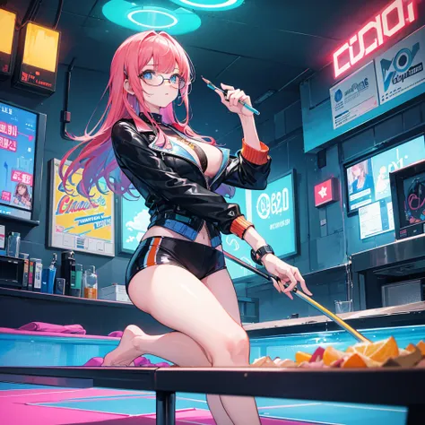 In a neon-lit pool hall dominated by vibrant blue and orange hues, the atmosphere is electrifying and modern, with a vintage pool poster on the wall adding a touch of nostalgia. A young woman with long pink hair and bangs, wearing glasses, a black jacket, ...