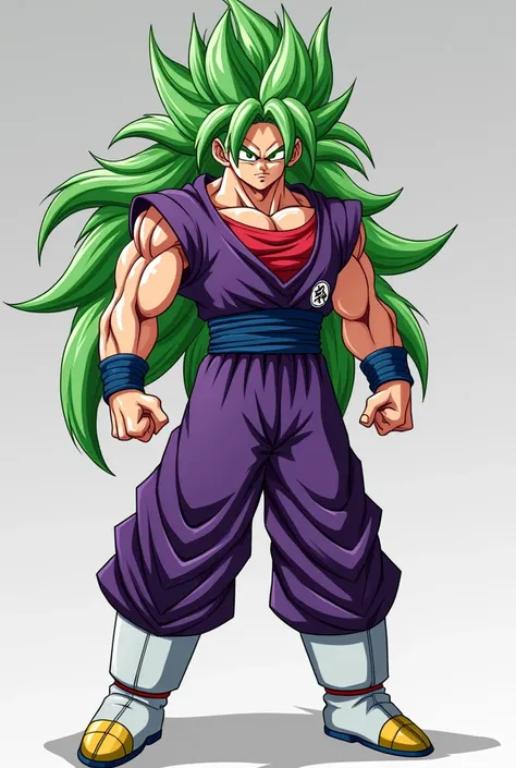  makes a Dragon Ball character,  that is of the Saiyanjin breed with green hair of the Dragon Ball character: Broly,  the height of Jiren ,  muscular body of Dragon Ball character : Broly, dragon ball character armor :  bardock without shoulder pads but wi...