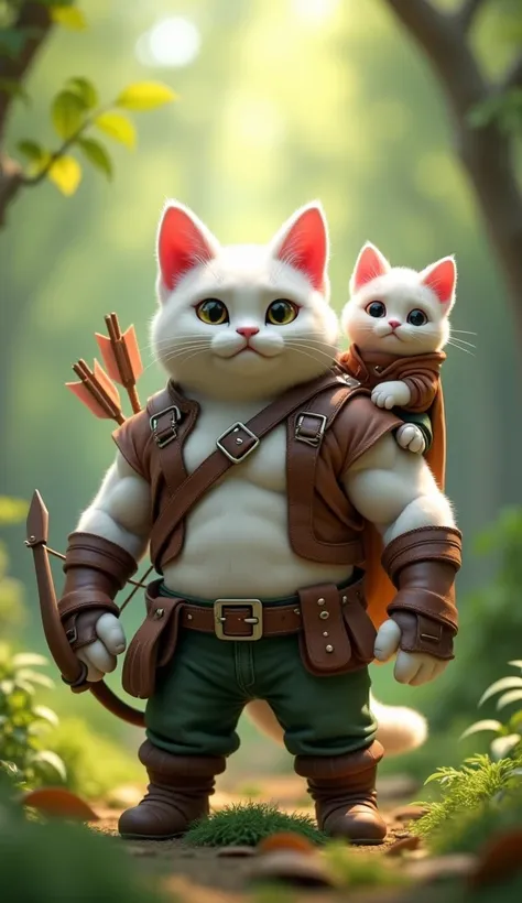 In cinematic 3D style, HD image, realistic image, colourful image.
Character,"A muscular body big white cat with bright pink ears, holding a bow and arrows The cat is wearing a leather harness, belt, and armguards, exuding a heroic and adventurous vibe.
Ch...