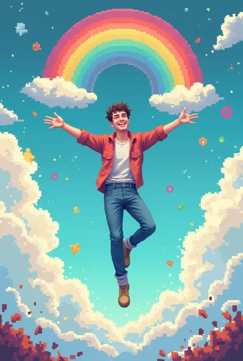 Make me a pixel-like image of a man in the sky with a rainbow, being happy but as if I were alluding to or drugged with several things in the background 