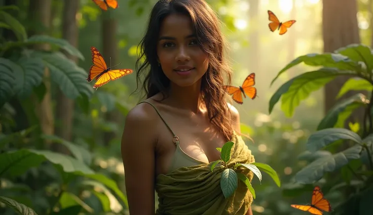 the girl  cover her breastීs hand leaves and the vagina covering only Cloth belts ,18 yearිsri lankan girl in the forest ,back ground flying buterfly, bright sunshine morning