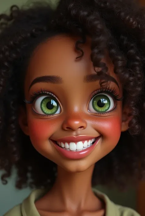 a black girl with brown skin with green eyes almond shaped eyes long wispy lashes button nose full pink lips curly dark brown hair arched eyebrows smiling showing dimples and pearly straight white teeth freckles 