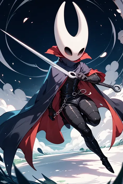 Make a creature with a mask like that of the Knight from the game Hollow Knight, hes as small as a  and wears dark clothes.