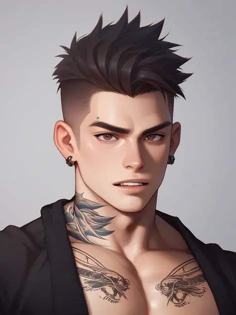 
 close-up of a man with tattoos on his arms,  chest tattoos ,  Neck tattoos,  young man 24 years old , muscles,  athletic build ,  light skin , fair-skinned man, serious look,  insightful gaze ,  ears lots of piercings , lots of ear earrings , hair dark, ...