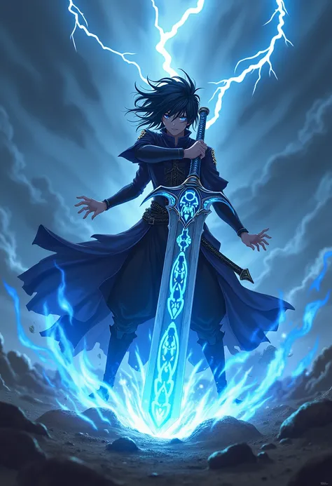 

"A highly detailed anime-style character in a dynamic combat pose, wearing a dark, flowing outfit with glowing magical runes. The character wields a massive, intricately designed sword engulfed in blue flames, with a shadowy aura surrounding them. The ba...