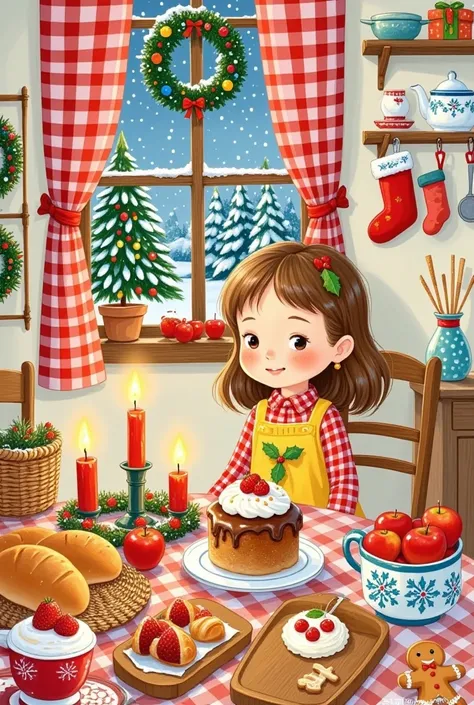 Christmas illustration  ，Plaid curtains  ， Bread hanging on the kitchen table   、cake、candle、Glass、Christmas tree、Gingerbread Man、  apples、tableware、 ， Hanging socks and Christmas wreaths on the wall。girl&#39;return。  lined with bread  "Jenny"