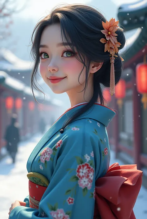 It depicts a beautiful spain woman in a kimono、shiny skin, large breasts:0.5, looking up, watching the view, beautiful hair, beautiful face, beautiful detailed eyes, (middle hair:1.8, japanese hair:1.5), black hair,green eyes, (((blue floral kimono), hair ...