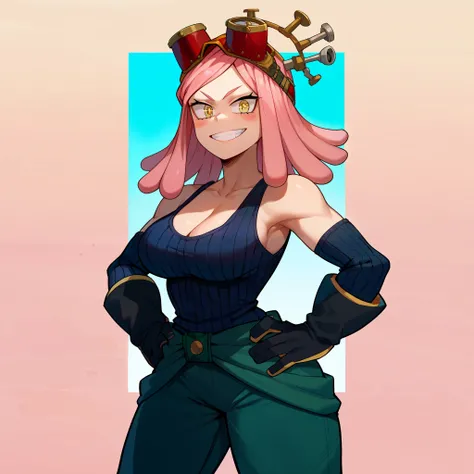 1girl, solo, h4tsume-m3i, yellow eyes, pink hair, medium hair, symbol-shaped pupils, big breasts, wide hips, thick thighs, black ribbed tank top, cleavage, goggles, goggles on head, clothes around waist, black gloves, dark green pants, blushed, smile, stan...