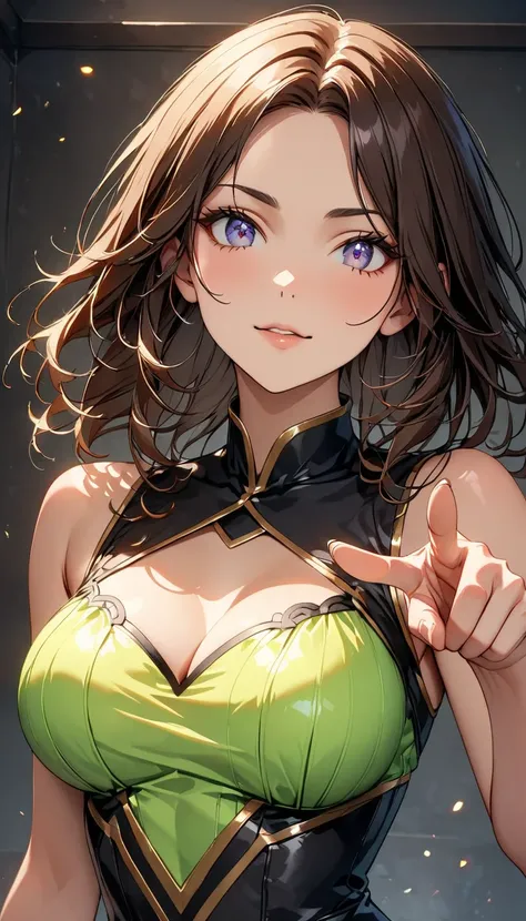    m   etallic holographic brown hair 、 Soft E    m    broidered Fluorescent Green Lingerie、E    m    phasize big breasts、1 fe    m    ale, (   Te  m  ple Front Bust    , Pointing in front of her     m    outh :1.5),  A wo    m    an with a gentle expressi...