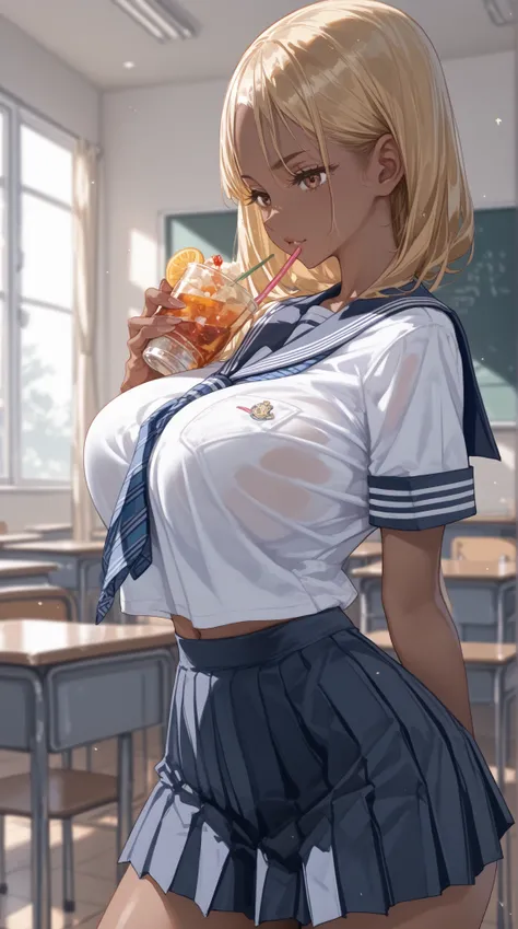 JK Gal、Brown Skin、blonde、Big Breasts、School Uniform、Holding a Chupa Chups