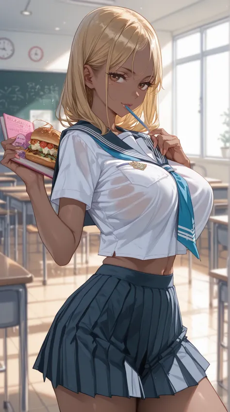 JK Gal、Brown Skin、blonde、Big Breasts、School Uniform、Holding a Chupa Chups