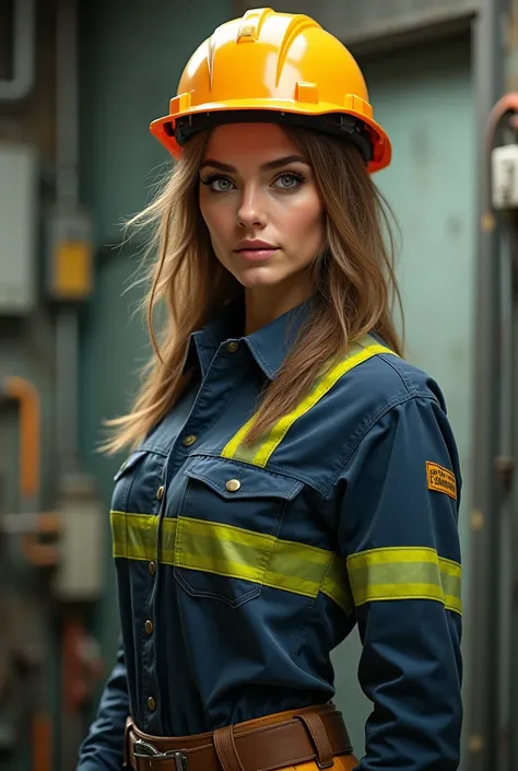 A beautiful woman with green eyes dressed as an electrician with a helmet 