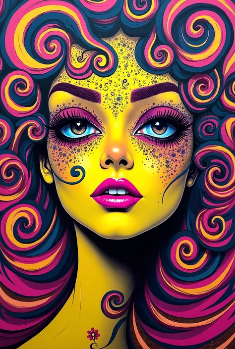 **A psychedelic street art explosion featuring surreal portraits of a beautiful, gorgeous womans face, with spiraling patterns, vivid colors, and mind-blowing designs. Featuring a bold palette of bright yellow and fuchsia pink to enhance the surreal and vi...