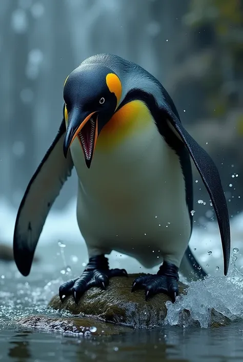  A ferocious hybrid creature ,  combining the characteristics of a penguin and a shark , with a full body visible .  The upper part presents the head and wings of a penguin ,  while the lower part incorporates the body and tail of a shark .  The creature i...