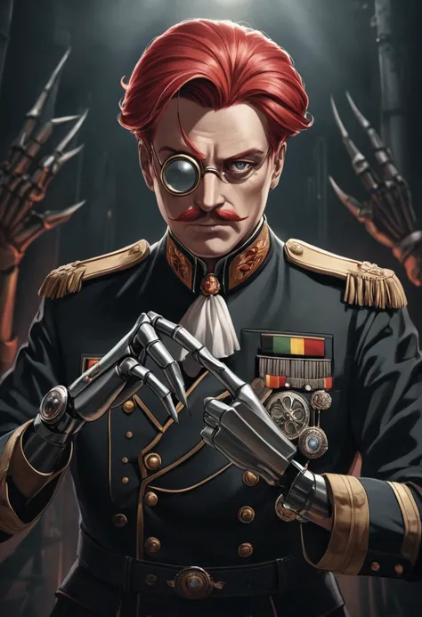 German general with red hair, with a monocle in his eye and an artificial metal arm with clawed fingers
