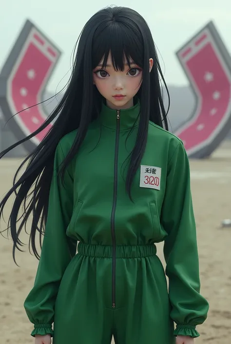 A girl with long black hair in the uniform of the squid game