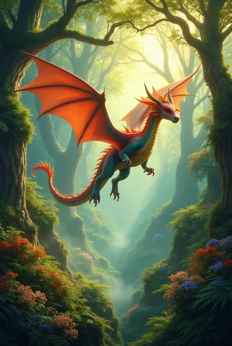  Photo of a dragon  ( other than black )  in an enchanted forest ,  the forest must have a lot of vegetation 