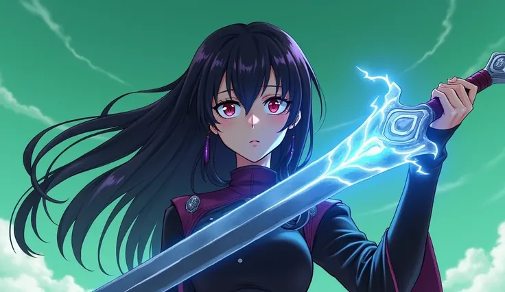 Young girl,  long black and purple hair,  hard shadows, Ojos rojos,  battle clothing covering the arms color black, colored anime, breasts,  Lighting, sky blue sword of rays , annoyed, Green sky background, 