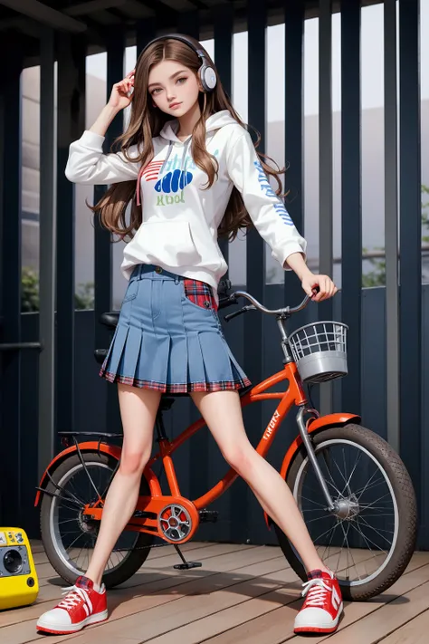 pretty young woman, standing posed, bicycle behind her, BREAK, {+forehead, brown long wavy hair, white headphone}, BREAK, wearing 3/4 sleeves hoodie shirt (+black and white striped t-shirt), light-blue denim pencil skirt (+red tartan plaid pleated hem), wh...