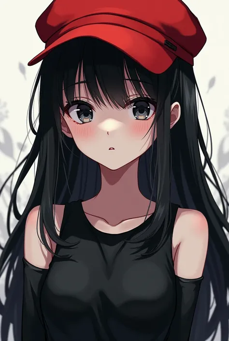 anime, white-skinned girl with black hair and black dress, red cap and black eyes  