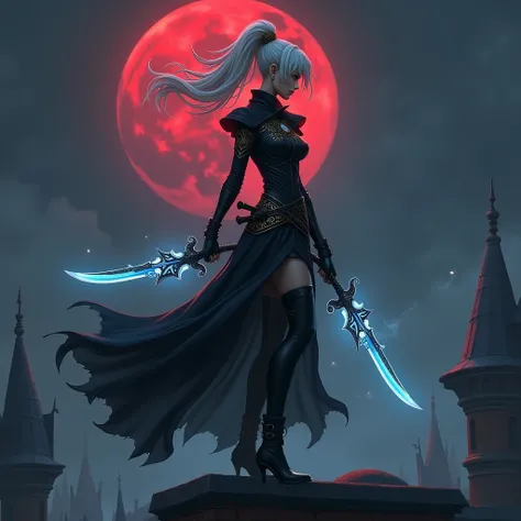 A strikingly beautiful and deadly rogue standing on the rooftop in the shadows of Stormwind, nightime, illuminated by the faint glow of a red blood moon. She is preparing to assassinate. Her lithe figure is clad in sleek, pellucid black chiffon armor cling...