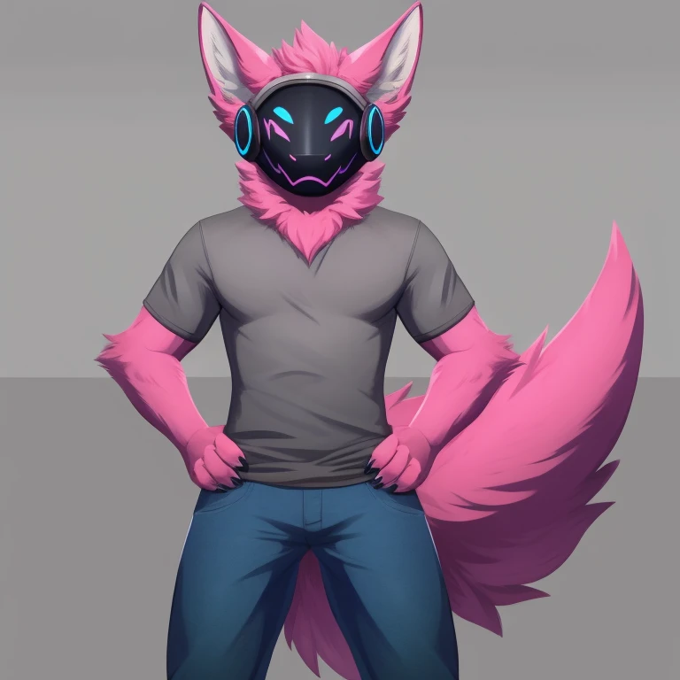 Male, Protogen, Anthromorphobic, age 24, pink fur, grey t shirt, blue jeans, high-quality