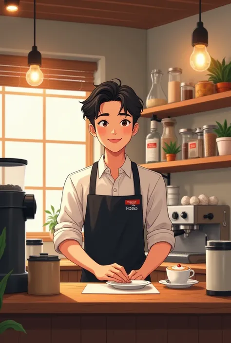 Create a drawing of a cute Korean guy working in a coffee shop