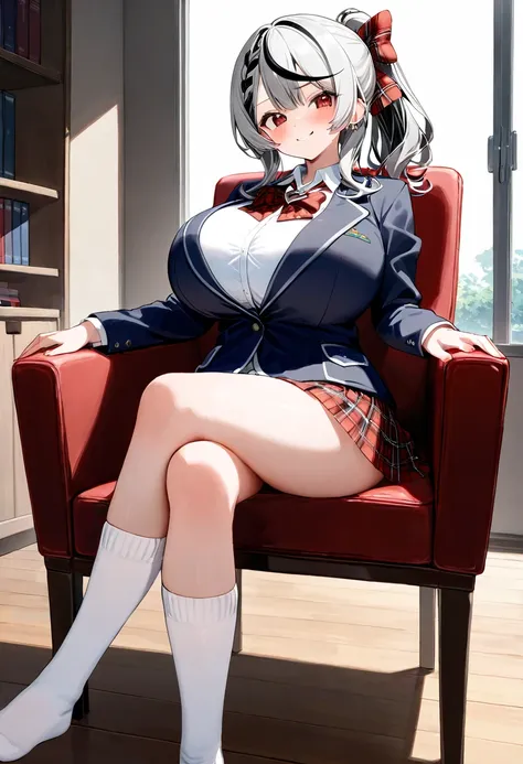 ( top quality , 8k, masterpiece),　 girl 、young、1 person、 sakamata chloe, 、 hololive ,Silver Hair  , Big Breasts ,smile、 like heaven、 red cheeks 、Tanimachis emphasis 、A rich variety of skin tones  , (  ponytail ,  sits on a chair , crossing legs , school un...