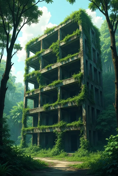 A hauntingly beautiful scene of an abandoned multi-story concrete building being reclaimed by nature in the heart of a dense tropical jungle. The building, partially deteriorated and weathered by time, has balconies and walls completely covered in vibrant ...