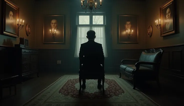 scenario: The room is large and dark,  with antique furniture and frames framed on the walls.  The lamps on the ceiling emit a faint light ,  creating a dark and macabre environment .  The pictures on the walls show portraits of people ,  whose eyes seem t...