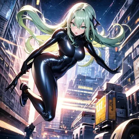 A beautiful girl with silver cat ears, green eyes, silver hair, long hair, black and white battle suit that fits her body perfectly, the background is the night city, the age is 14, dark night, sweat, steam from exhalation, dynamic angles, dynamic action p...