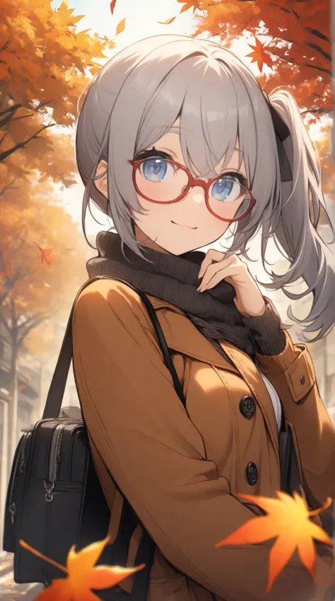 1 girl,  Grey Hair,   blue eyes, side ponytail, red rimmed glasses、autumn leaves