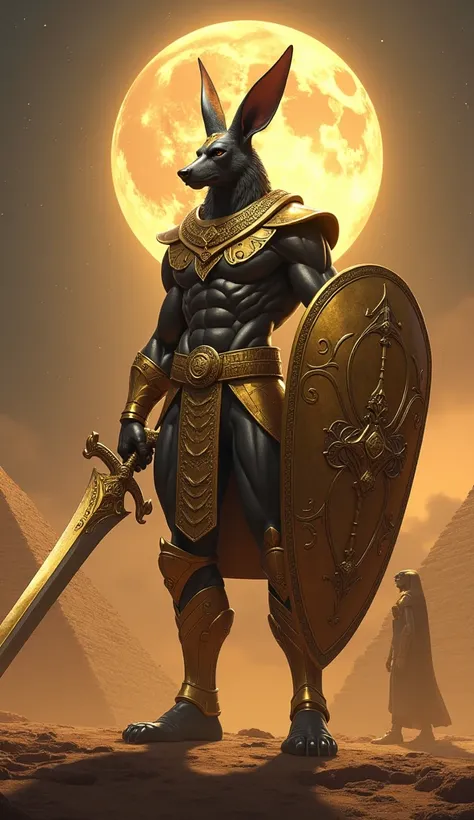  Imagine the god Anubis with a large and vast golden armor , with his sword and shield in an epic pose ,  above his head a lunar eclipse and at his feet the pyramids of Egypt 