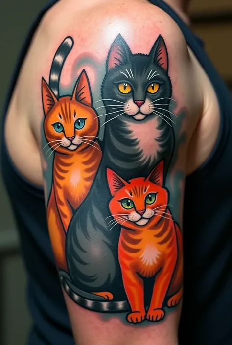 Several different styles of an old school tattoo with three cats ( two frajolas and an orange ) on the arm on the triceps  