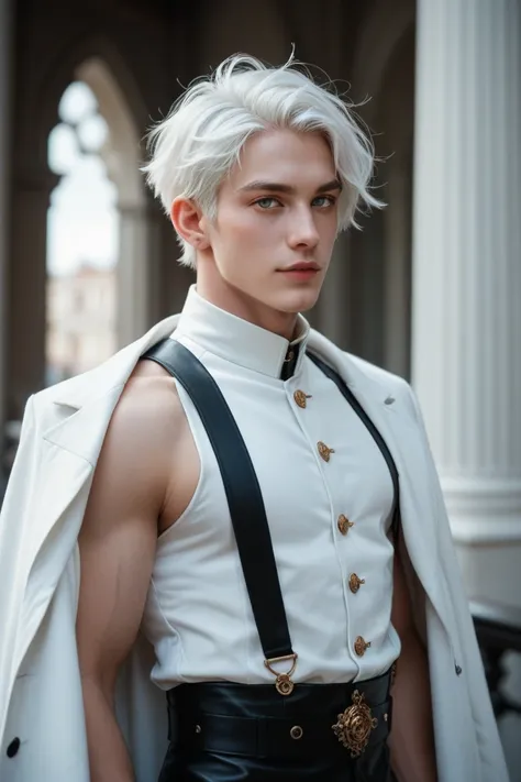  make a man of average height with short white hair with completely pale white skin and white eyes in a sleeveless overcoat with black gloves, The characters skin must be white very pale white 