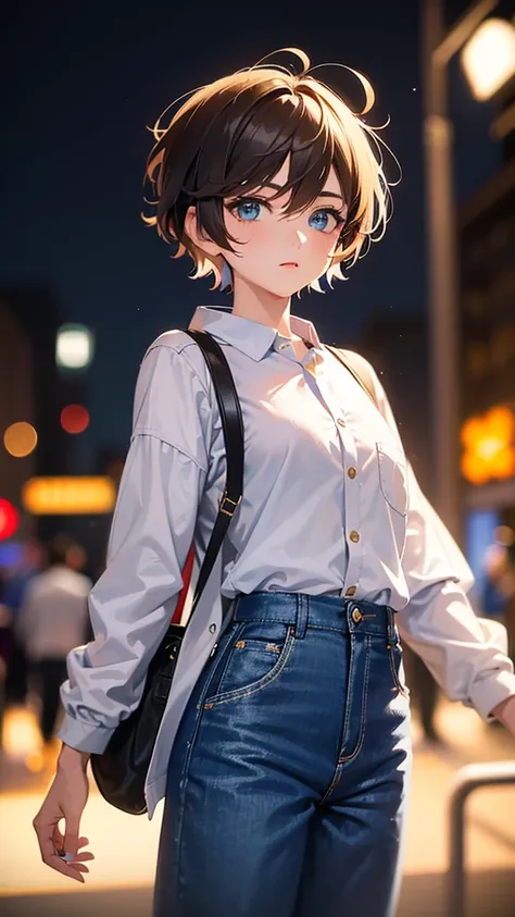 anime style, celshaded, 8k, masterpiece, hd, 1girl, cute, ((short hair, pixie hair, tomboy)), light blue shirt with button, late night, crowds, new year festival, blue eyes, cotton long baggy pants, white jacket, brunette hair, bokeh, blur background, stan...